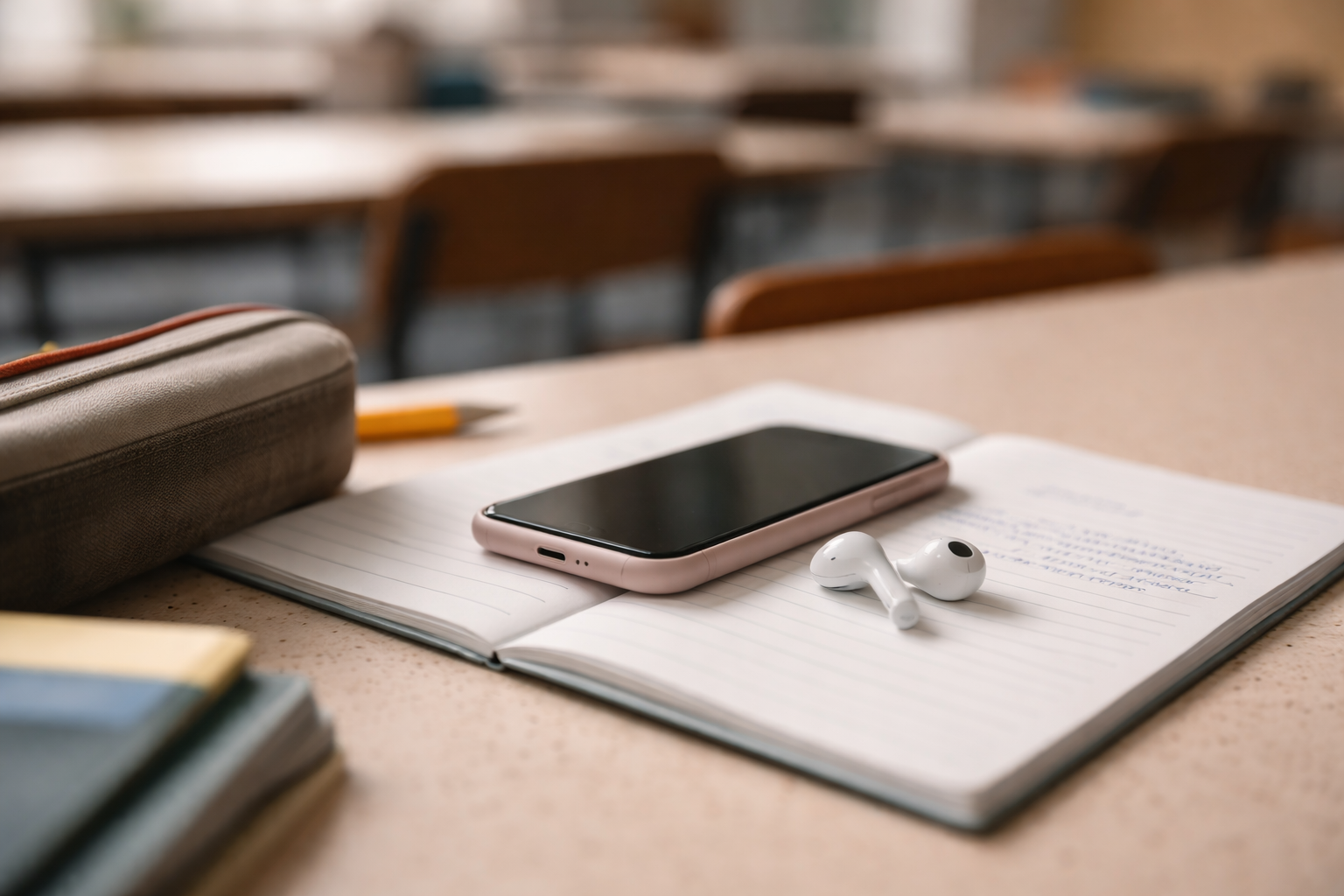 Téléphone posé écran éteint sur un cahier avec écouteurs, illustrant le fait de ne pas répondre pour trouver sa place dans un groupe