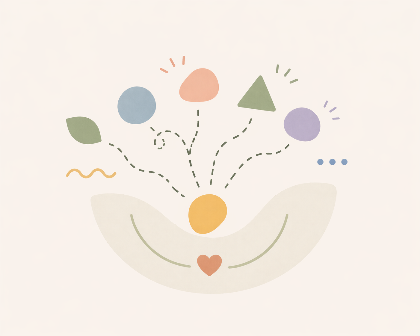 Illustration abstraite de formes reliées qui émergent d’un espace protecteur, représentant la créativité chez l’enfant et la génération d’idées dans un cadre sécurisant