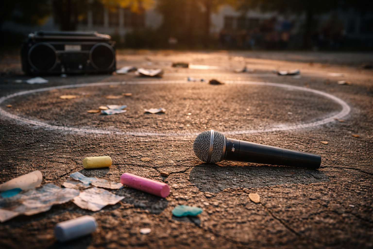 Micro posé au sol dans une cour de récréation, symbolisant un jeu de clash et les dynamiques de groupe entre enfants