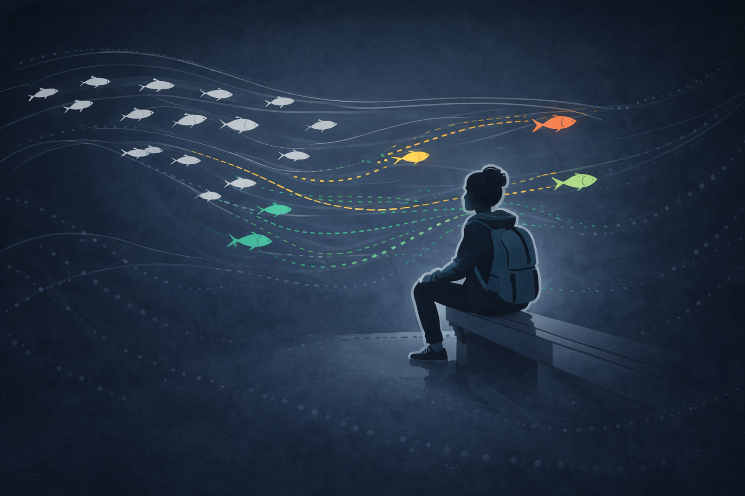 Illustration symbolique d’un enfant observant un banc de poissons, représentant les différentes façons de trouver sa place dans un groupe sans se perdre