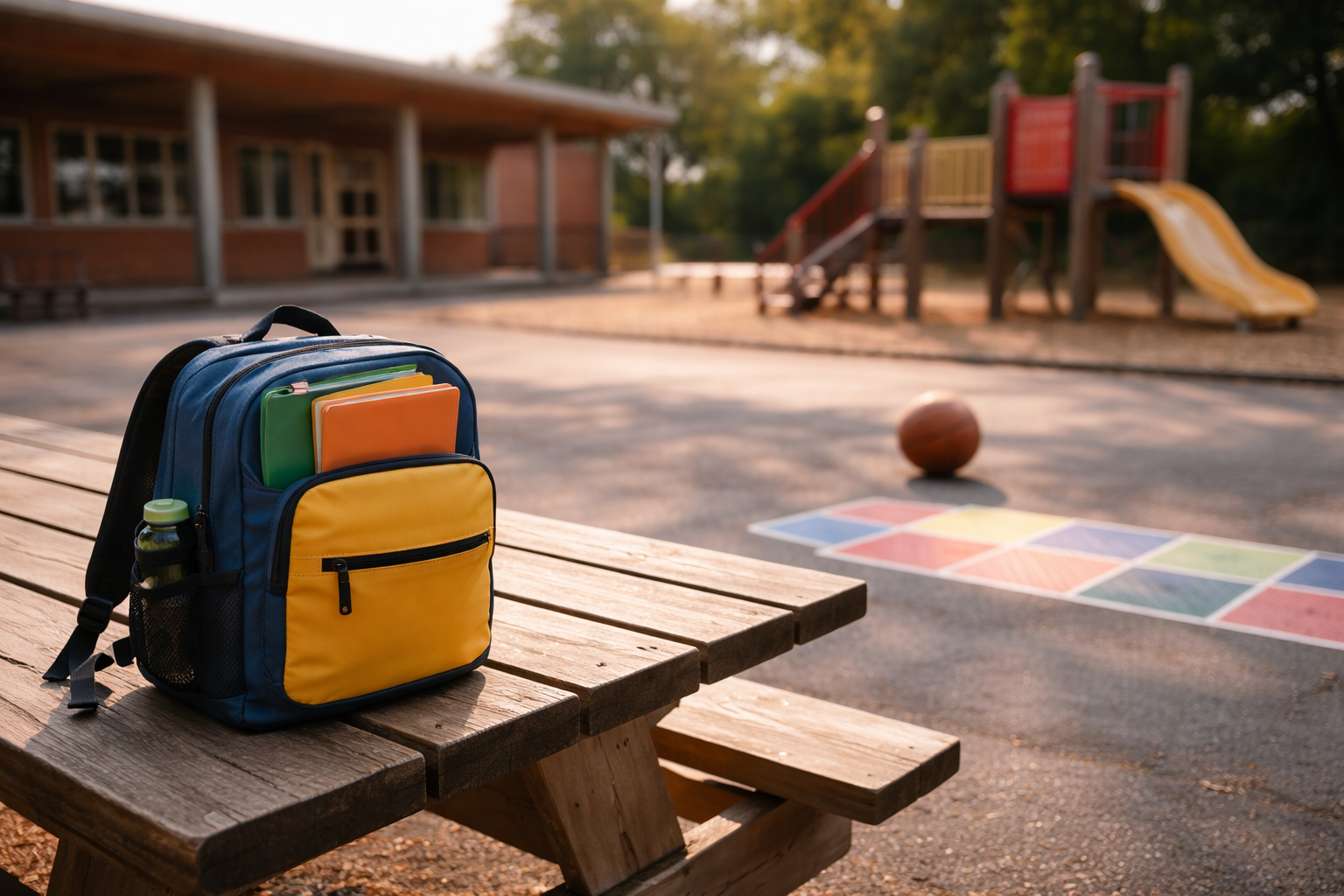 Sac d’école posé à l’écart sur une table avec terrain de jeu en arrière-plan, illustrant le fait de changer de place pour trouver sa place dans un groupe