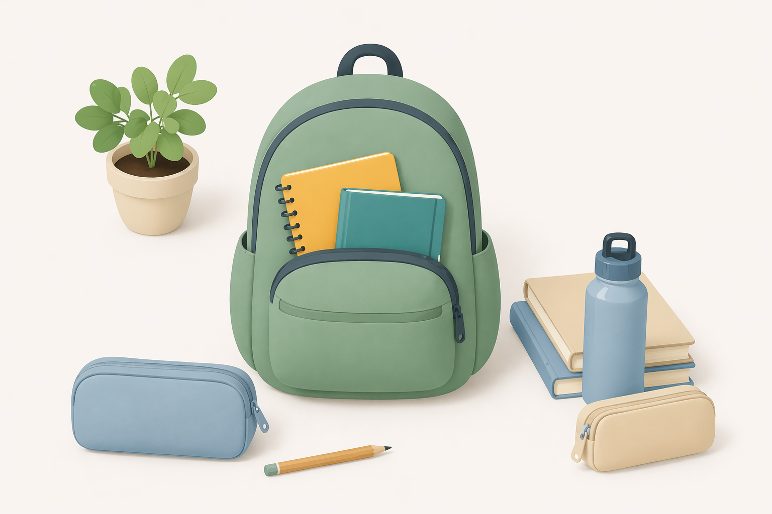 Sac d’école et fournitures disposées de manière organisée, illustrant la planification chez l’enfant et la préparation des affaires scolaires