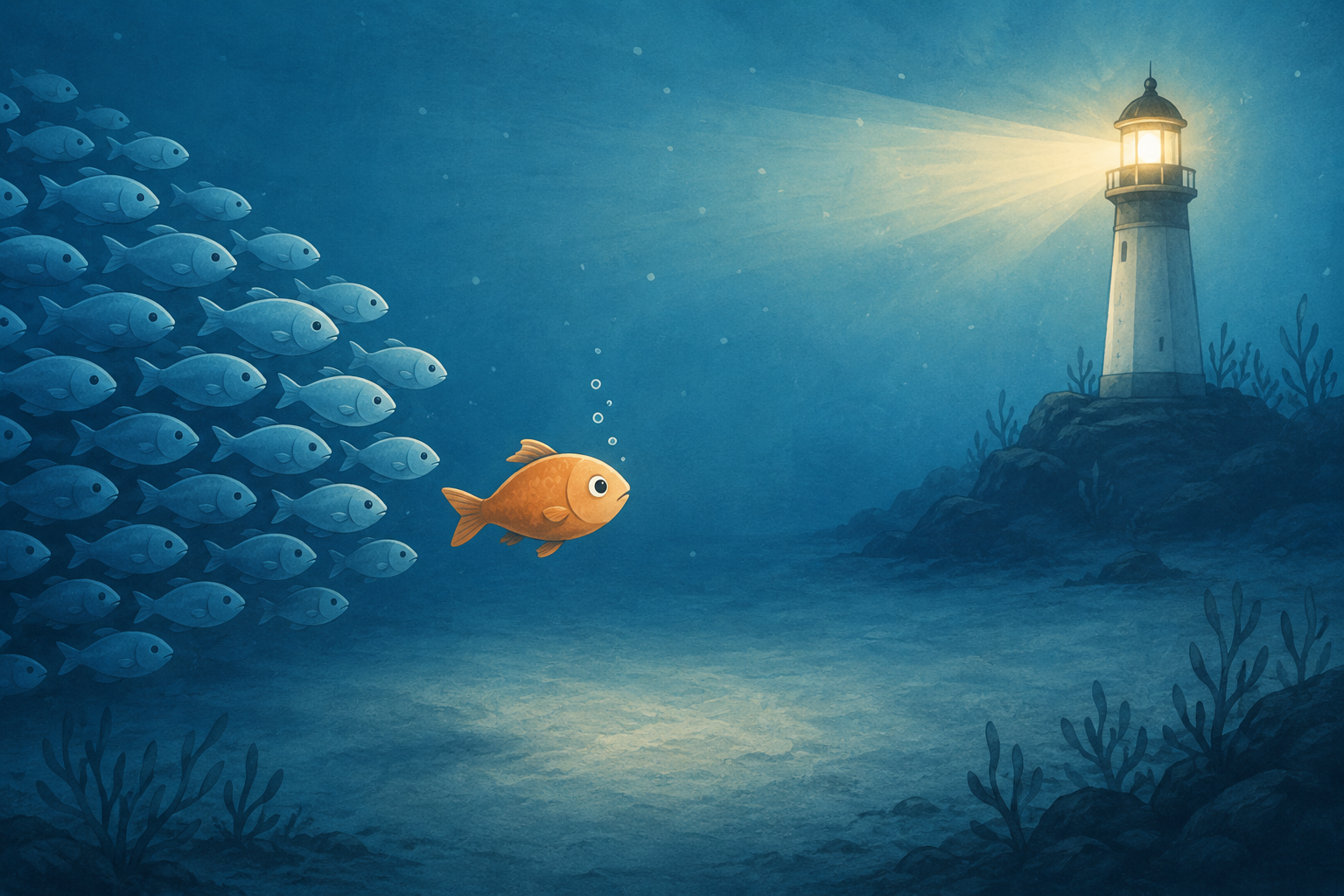 Poisson légèrement détaché de son banc regardant un phare au loin. L'illustration symbolise la pression du groupe, la réputation sociale et la décision de demander de l'aide à un adulte à l'école.