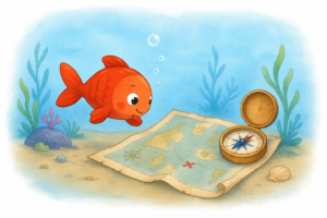 Petit poisson observant une carte marine et une boussole, illustrant l'enfant qui cherche à comprendre les règles du groupe et le sens de la justice, plutôt qu'à être une balance à l'école.