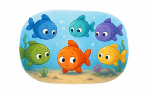 Petit poisson observé par plusieurs autres poissons. L'illustration représente le regard du groupe et la réputation qui peut se construire lorsqu'un enfant est considéré comme une balance à l'école.