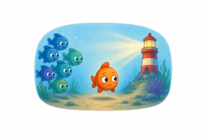 Petit poisson placé entre un banc de poissons et un phare. L'illustration symbolise la peur d'être considéré comme une balance à l'école et l'hésitation entre demander de l'aide à un adulte ou préserver sa place dans le groupe.
