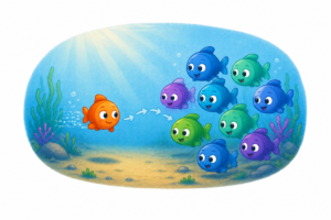 Petit poisson se rapprochant d'un groupe de poissons. L'illustration représente l'évolution de la réputation d'un enfant considéré comme une balance à l'école et la reconstruction progressive de la confiance au sein du groupe.