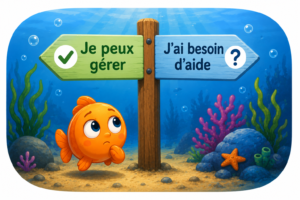 Petit poisson réfléchissant devant un panneau proposant deux directions : « Je peux gérer » ou « J'ai besoin d'aide ». L'illustration représente la réflexion qu'un enfant peut mener avant de parler à un adulte et la peur d'être considéré comme une balance à l'école.