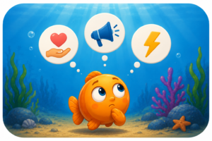 Petit poisson observant plusieurs options avant d'agir. L'illustration représente la réflexion nécessaire pour distinguer l'aide, la résolution d'un problème et la vengeance, sans être considéré comme une balance à l'école.