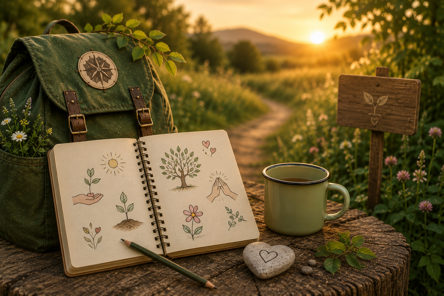 Sac à dos, carnet illustré et chemin de campagne au coucher du soleil, symbolisant les petits gestes de bienveillance, la gratitude et les liens qui grandissent au fil du quotidien.