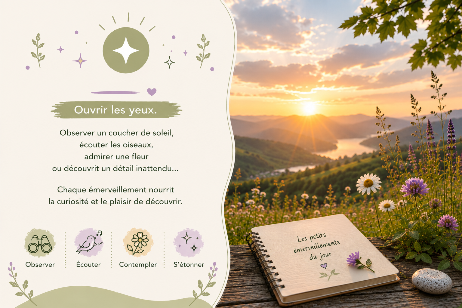 Carnet d'exploration ouvert devant un paysage au coucher du soleil, entouré de fleurs sauvages, invitant les enfants à observer, écouter, contempler et s'émerveiller des petits trésors de la nature.