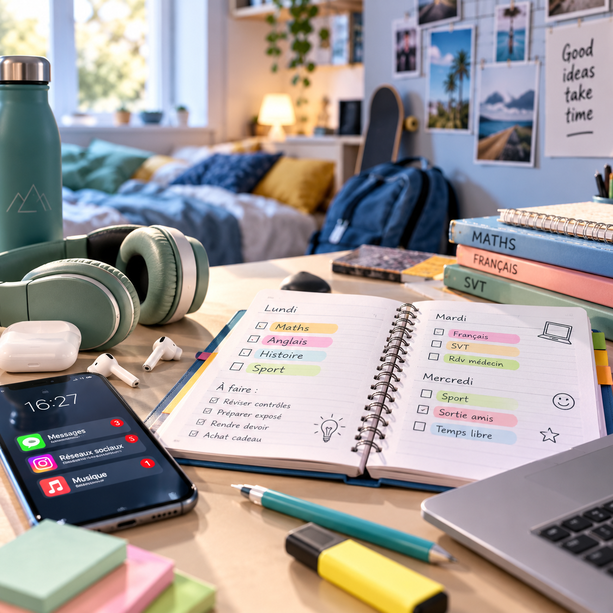 Bureau d’adolescent avec agenda de travail, cahiers scolaires, téléphone affichant des notifications et écouteurs, illustrant les défis de l’organisation et de la gestion des distractions.