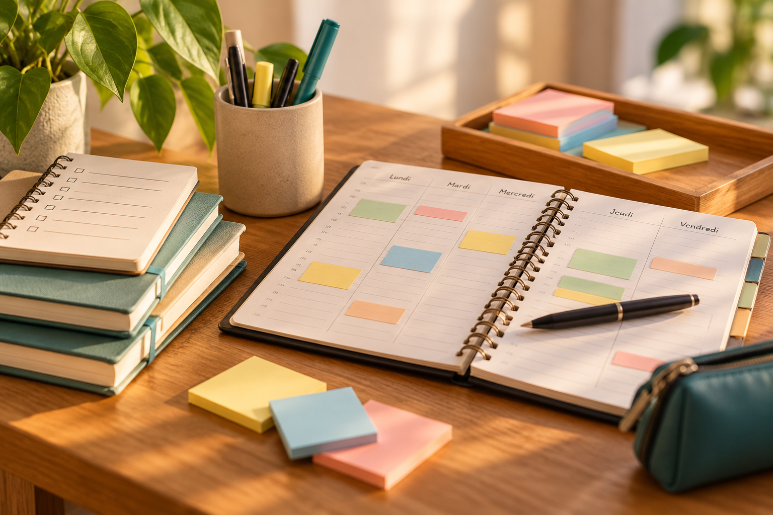 Un agenda ouvert, des notes et une liste de tâches illustrent la planification et l’organisation des activités au quotidien. Je préfère « activités » à « tâches » dans le titre, ca