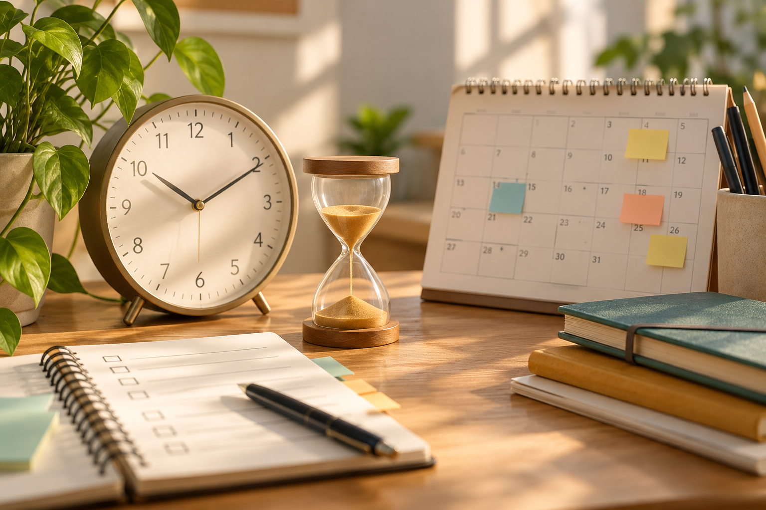 Une horloge, un sablier et un calendrier illustrent la planification du temps et l’anticipation des différentes étapes d’une journée.