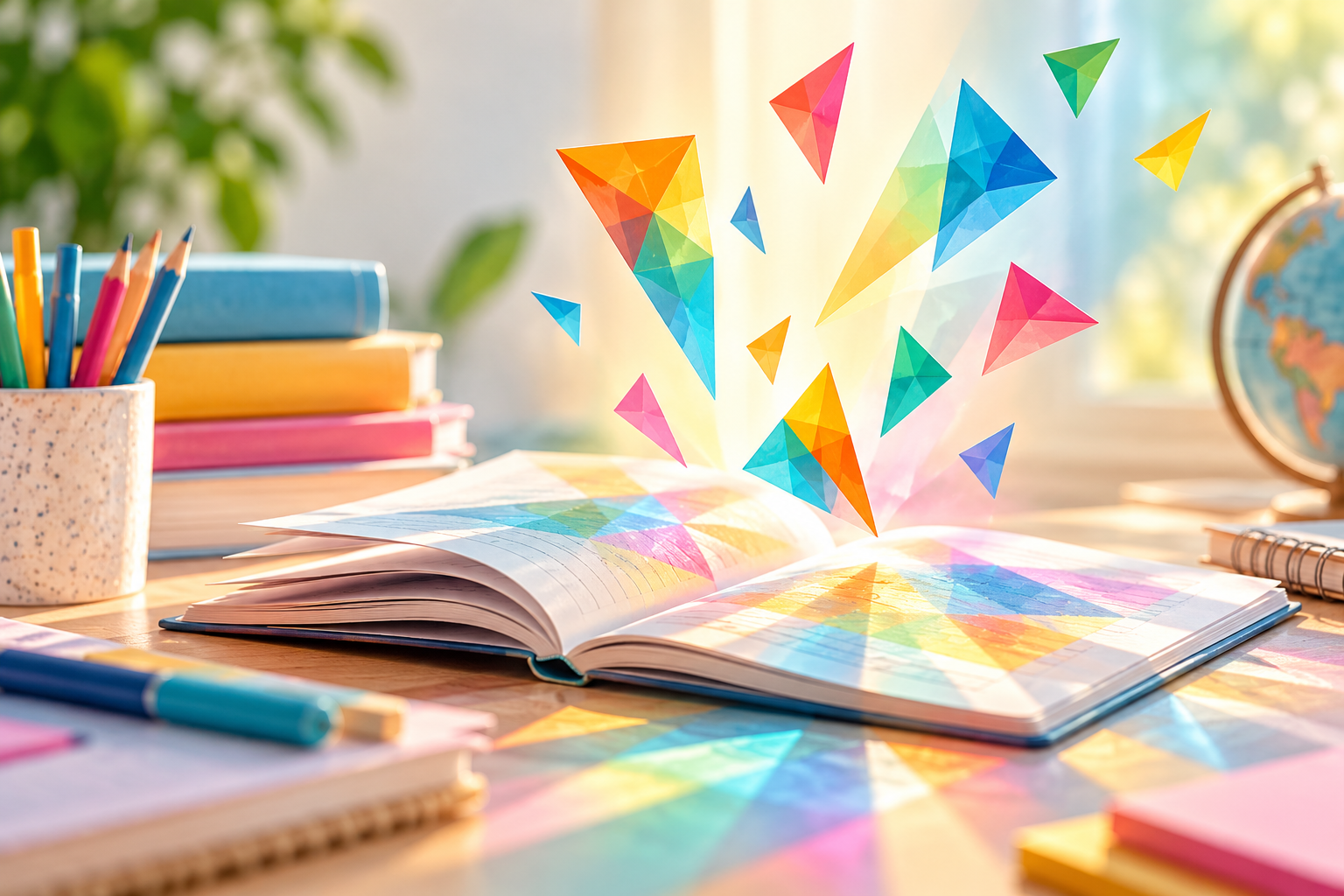 Cahier ouvert sur un bureau scolaire, d’où émergent des fragments géométriques multicolores évoquant un kaléidoscope et différentes façons d’apprendre.