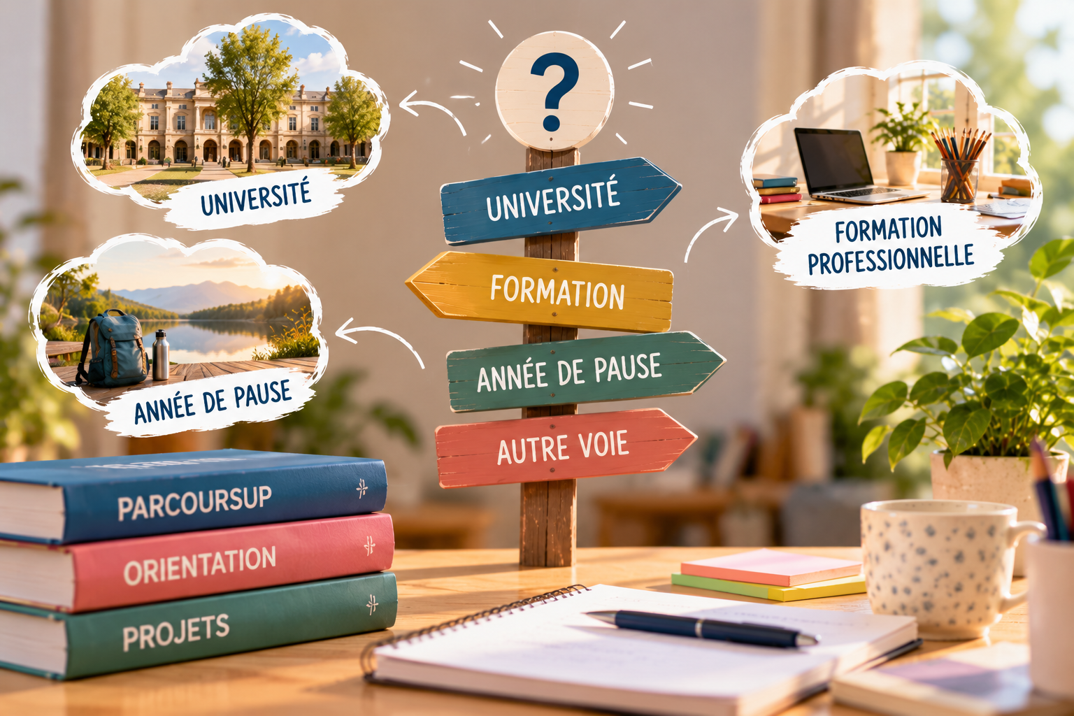 Panneau directionnel présentant plusieurs possibilités après le bac : université, formation, année de pause ou autre voie, avec des livres Parcoursup et orientation.
