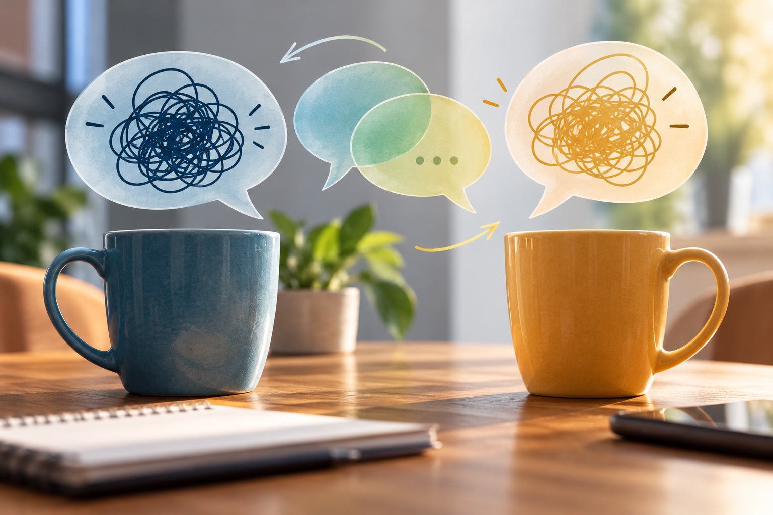 Deux tasses bleue et ocre face à face, surmontées de bulles de pensées enchevêtrées et de bulles de dialogue symbolisant la recherche d'une compréhension mutuelle.