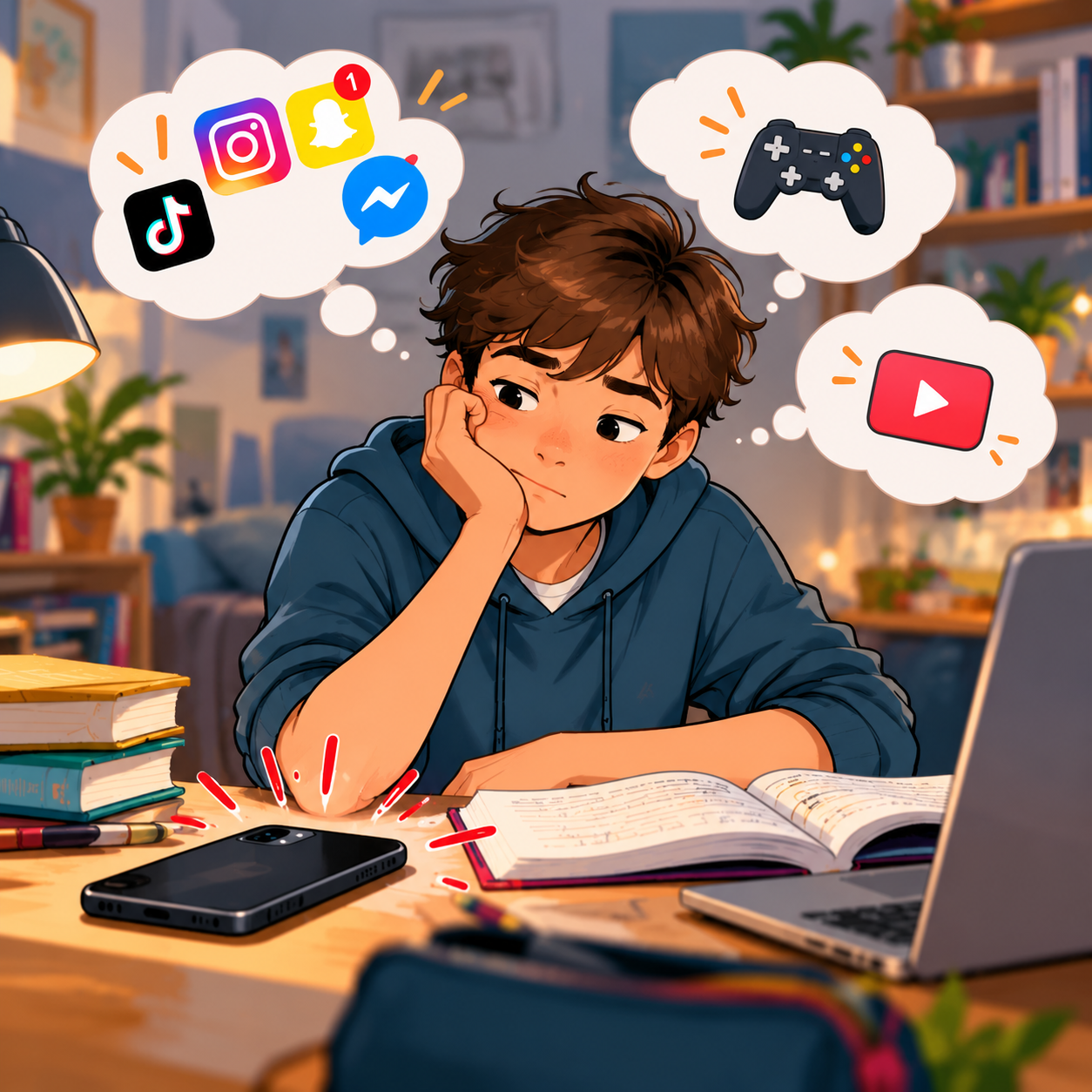 Adolescent faisant ses devoirs qui résiste à la tentation de regarder les notifications de son téléphone.