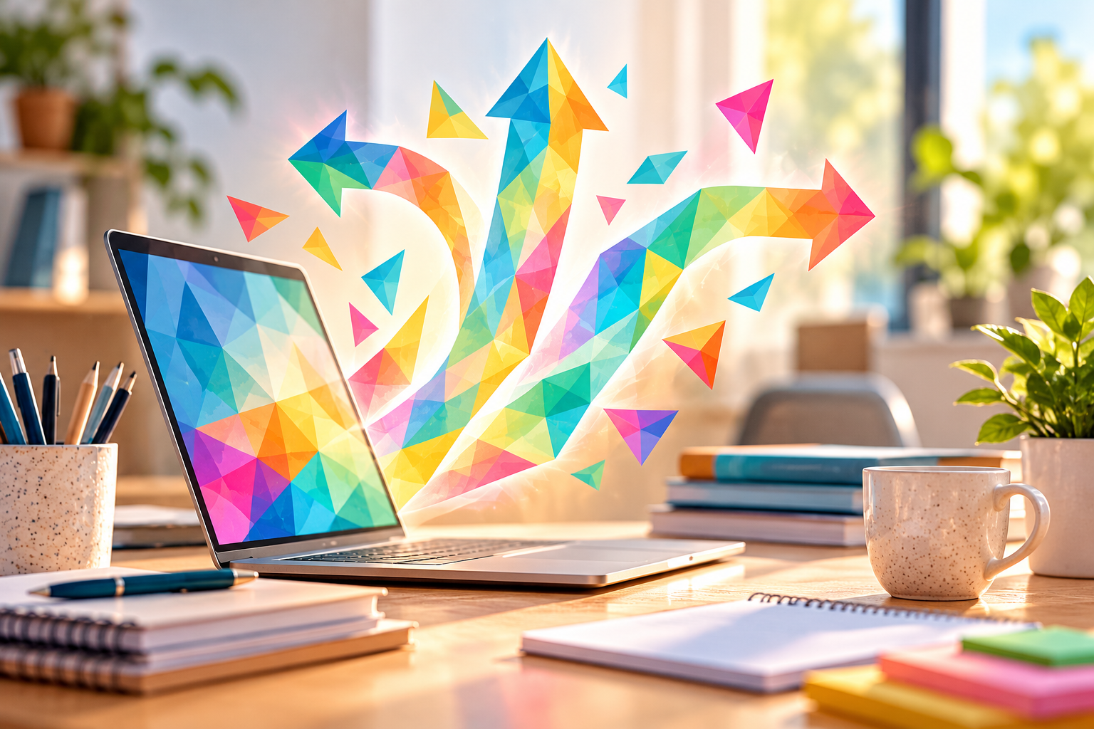 Ordinateur portable sur un bureau, d’où émergent des flèches aux facettes multicolores évoquant un kaléidoscope, symbole d’adaptation et de nouvelles stratégies professionnelles.