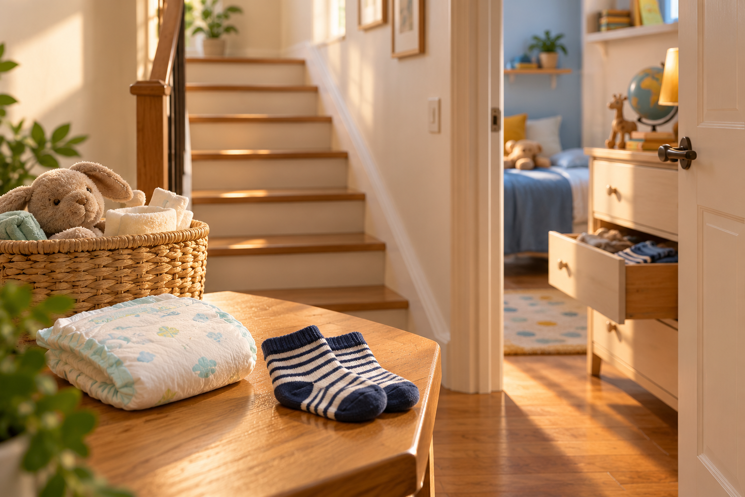 Une couche et une paire de chaussettes posées près d'un escalier menant à une chambre d'enfant. Une scène familiale illustrant la mémoire de travail sollicitée pour retenir plusieurs consignes.