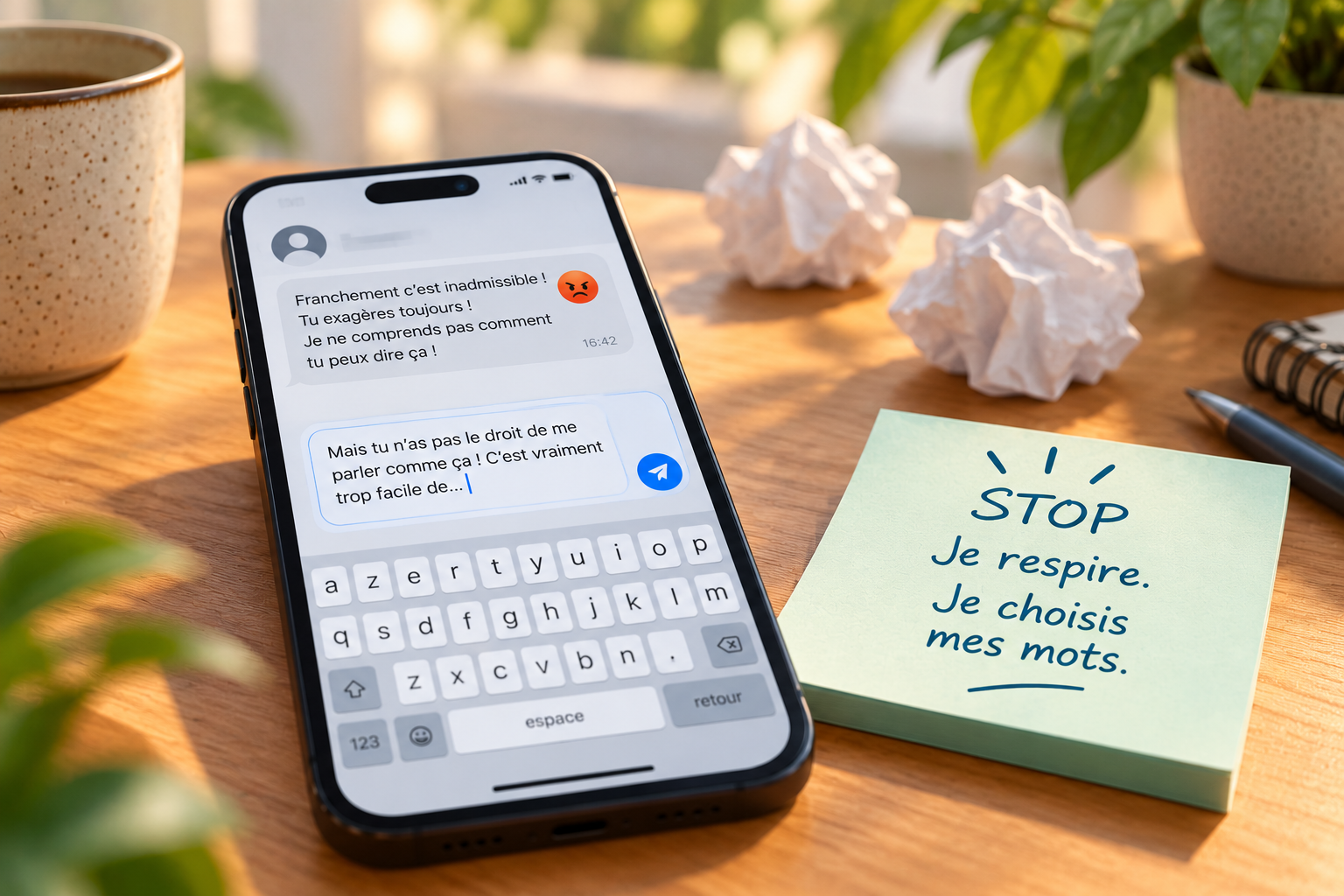 Bureau avec ordinateur, carnet ouvert et téléphone affichant une notification. Une interruption qui peut perturber la mémoire de travail et faire perdre le fil d'une activité.