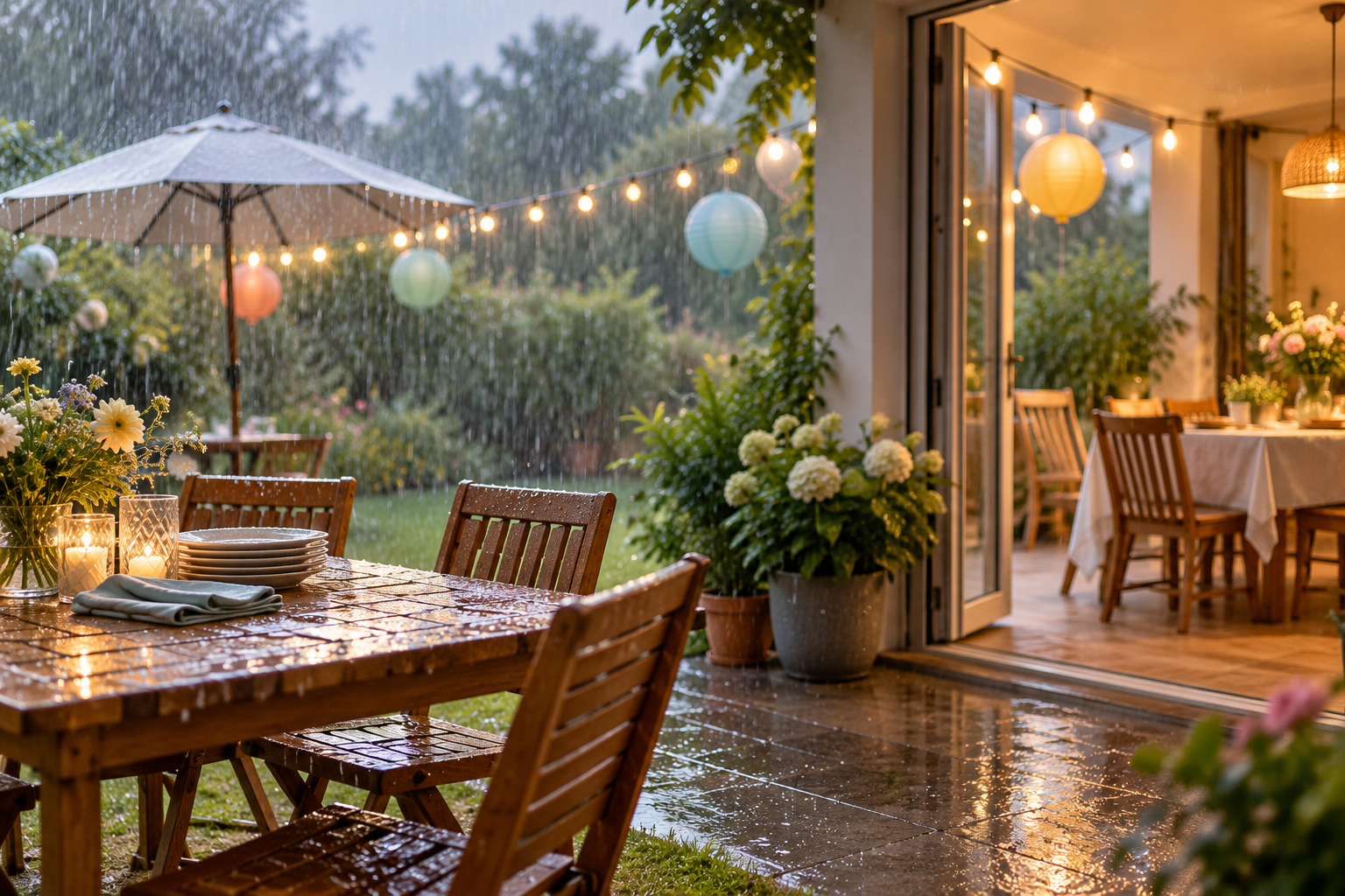 Une fête organisée dans un jardin sous la pluie, avec une table mouillée et des guirlandes lumineuses, tandis qu'une salle accueillante permet de poursuivre la fête à l'intérieur.