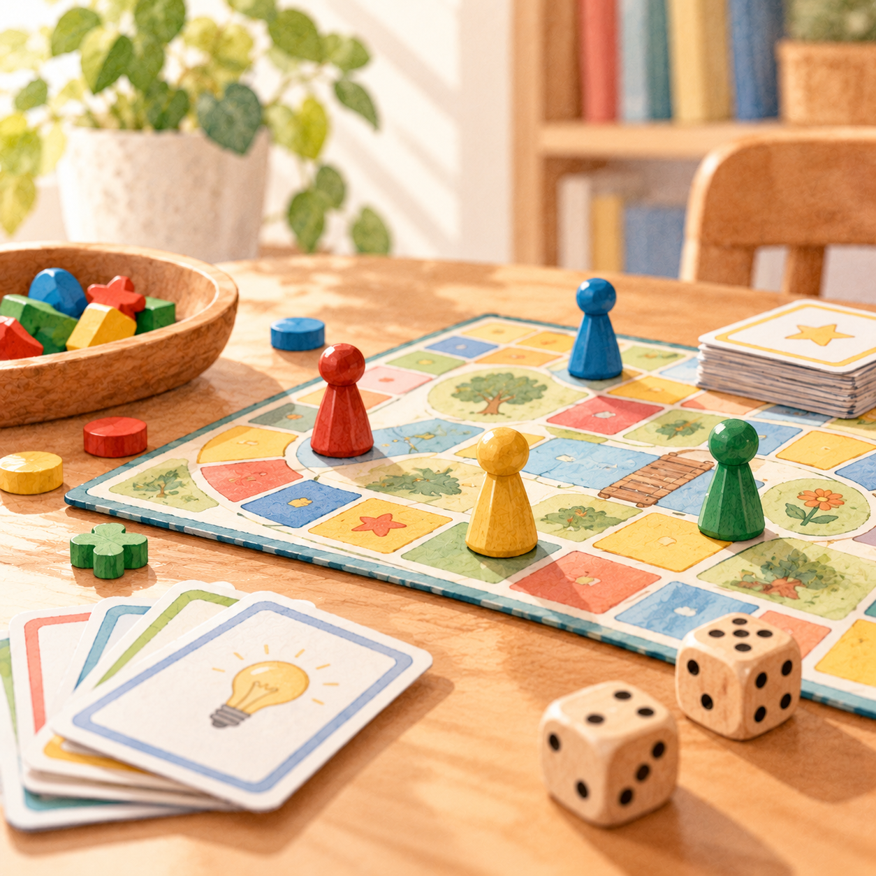 Plateau de jeu de société avec pions colorés, cartes et dés, illustrant les activités ludiques qui sollicitent les fonctions exécutives chez l'enfant.