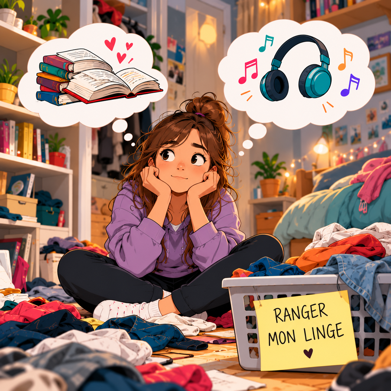 Adolescente qui doit ranger son linge et résister à l’envie de lire ou d’écouter de la musique pour maintenir son objectif.