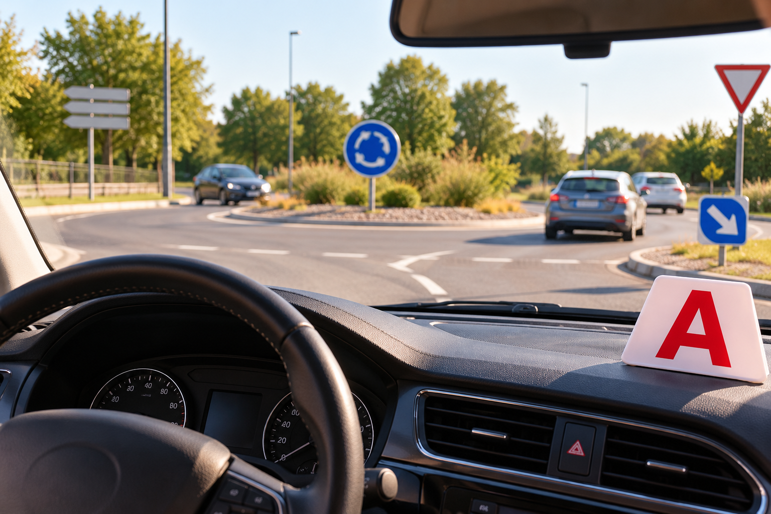 Vue depuis une voiture d’apprentissage à l’approche d’un rond-point. Une situation illustrant la mémoire de travail fortement sollicitée lors de l’apprentissage de la conduite.
