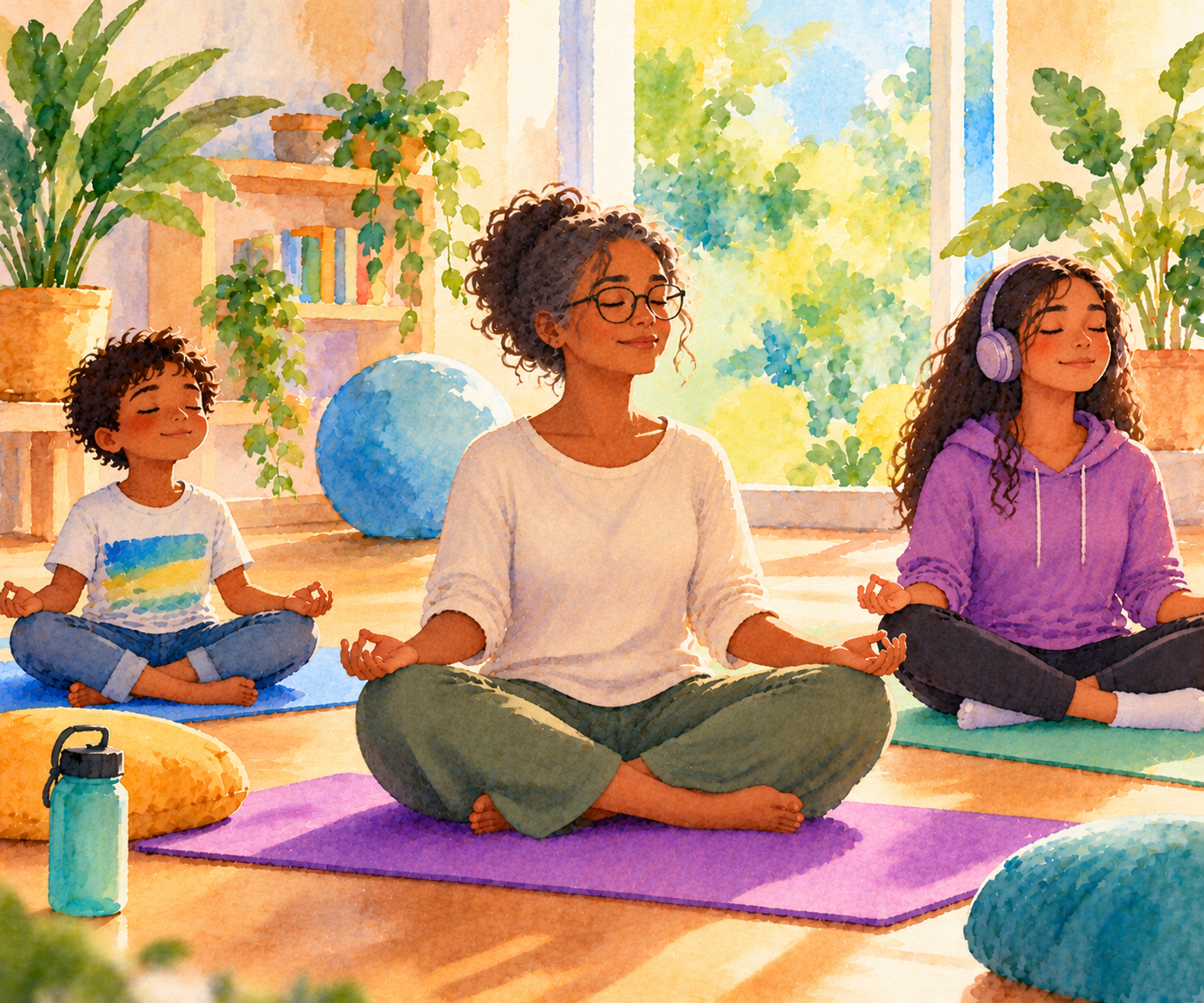 Illustration à l’aquarelle représentant un enfant, une adolescente portant un casque audio et une femme adulte aux cheveux grisonnants et portant des lunettes, assis en tailleur sur des tapis de yoga, les yeux fermés, dans une pièce lumineuse entourée de plantes.