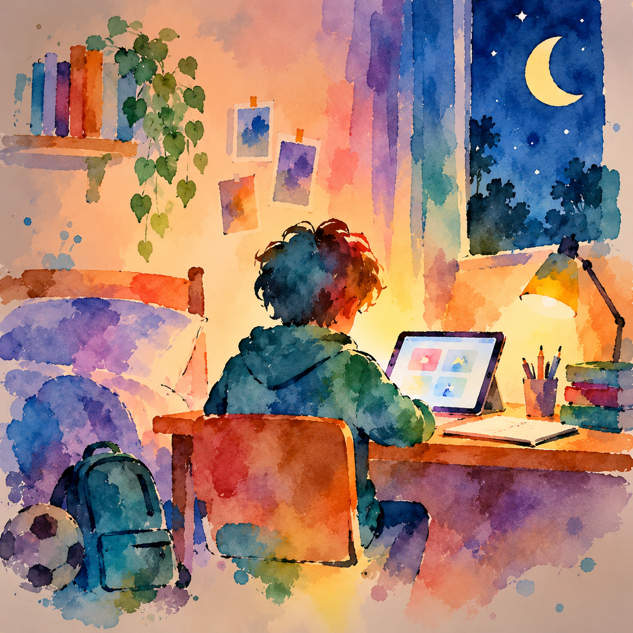 Illustration à l’aquarelle d’un enfant vu de dos utilisant une tablette à son bureau, dans une chambre aux couleurs pastel. Une lampe éclaire la pièce tandis que la lune apparaît à la fenêtre, évoquant l’utilisation des écrans avant le coucher.