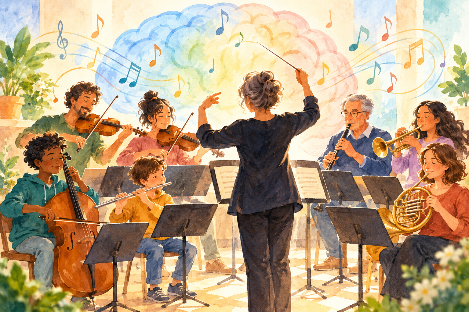 Illustration à l’aquarelle représentant un orchestre intergénérationnel et multiculturel, composé d’enfants, d’adolescents et d’adultes, dirigé par une cheffe d’orchestre. En arrière-plan, un cerveau stylisé et des notes de musique évoquent la coordination des fonctions exécutives.