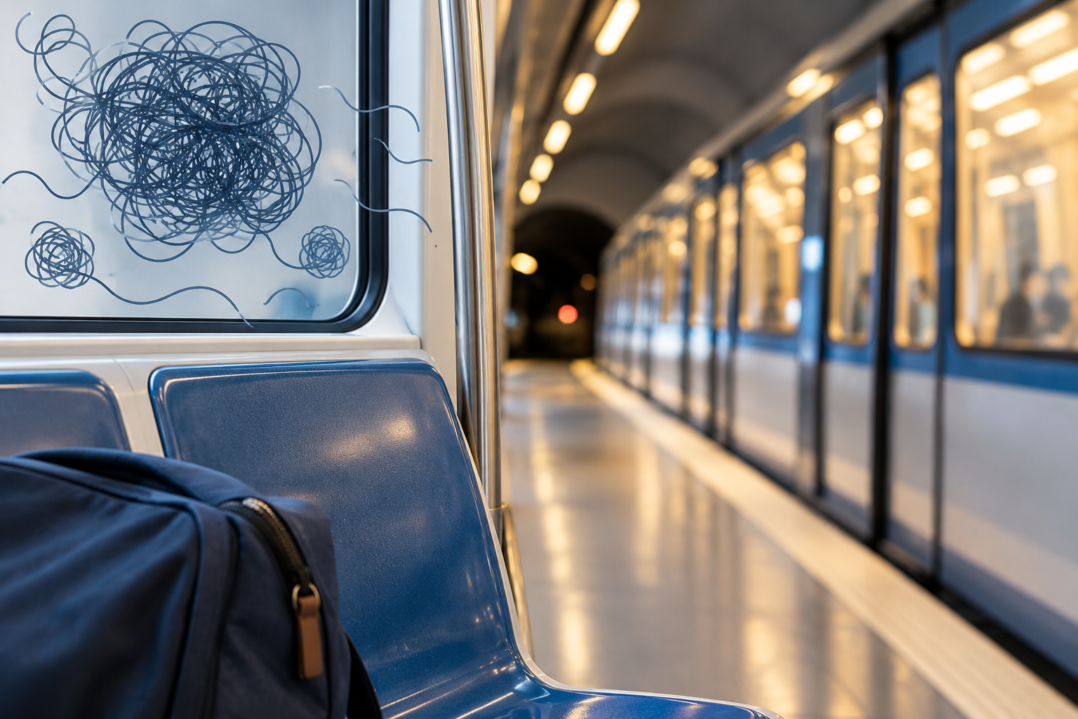 Intérieur d’un métro aux sièges bleus, avec un enchevêtrement de lignes sombres sur une vitre symbolisant les pensées anxieuses.