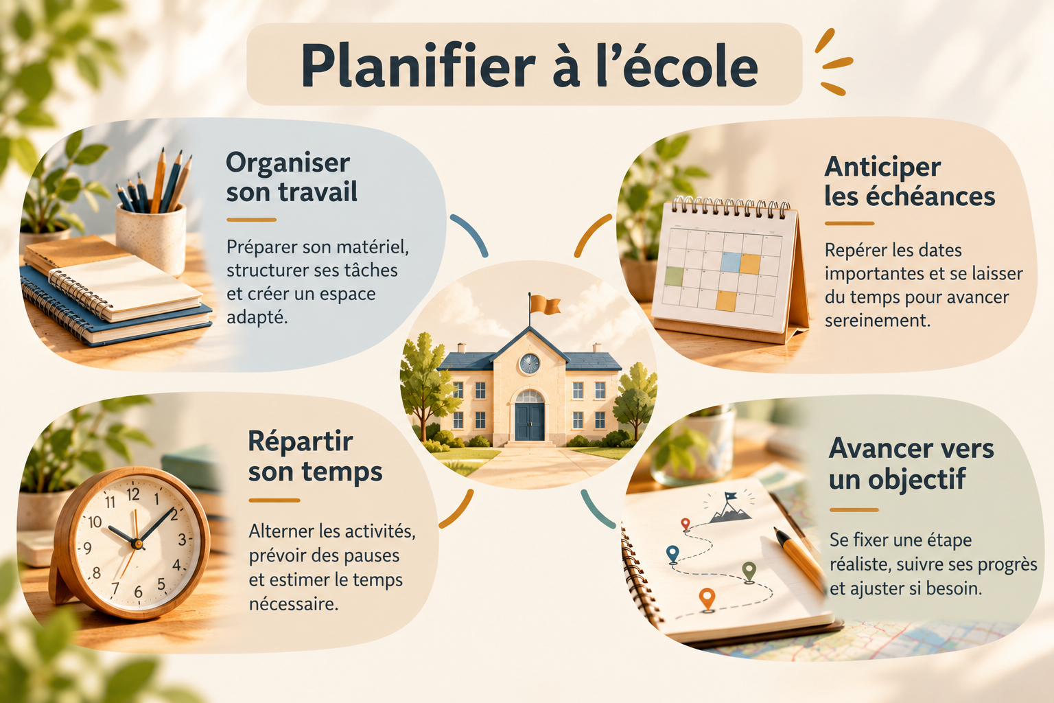Visuel présentant quatre dimensions de la planification à l’école : organiser son travail, anticiper les échéances, répartir son temps et avancer vers un objectif.