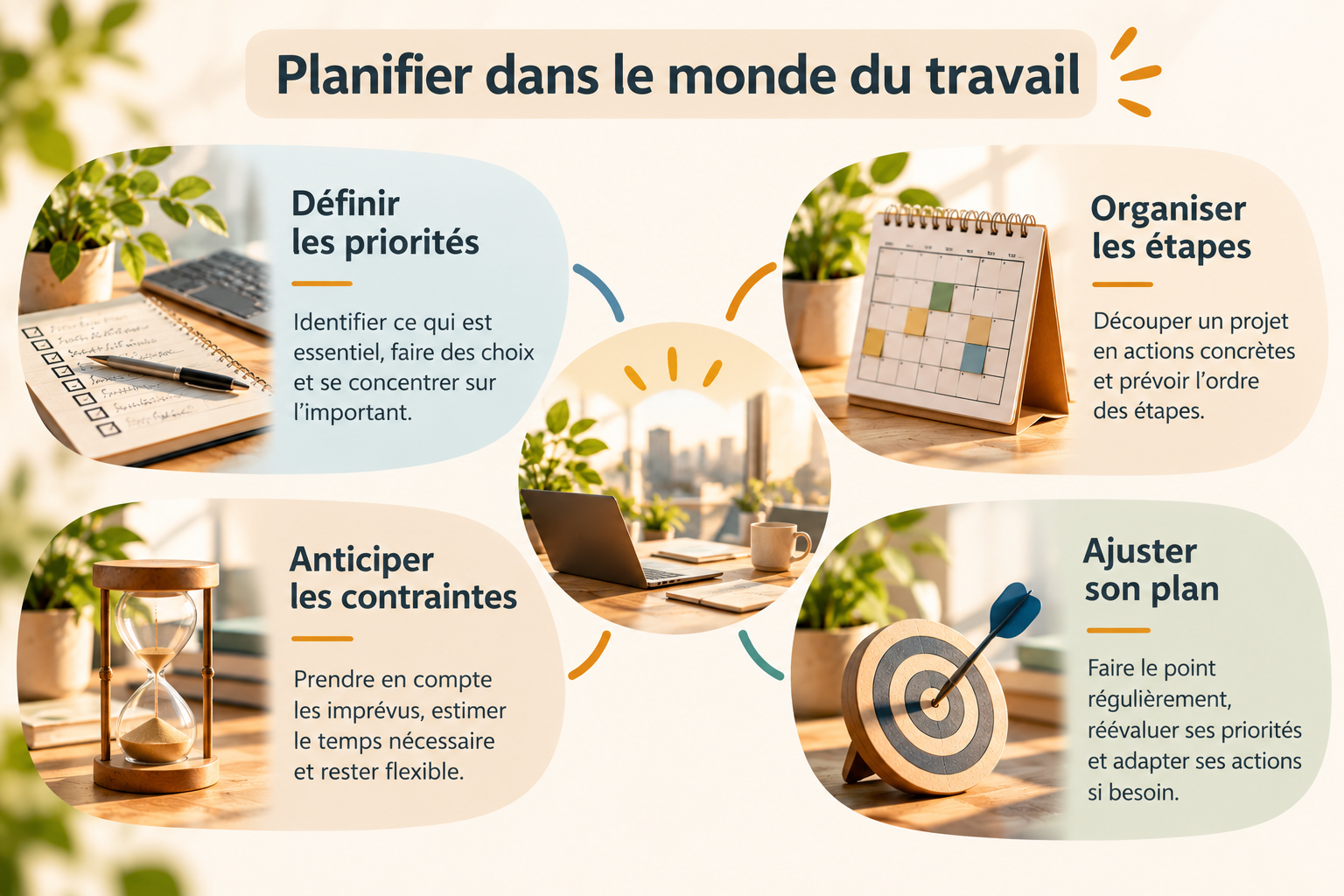 Visuel présentant quatre dimensions de la planification dans le monde du travail : définir les priorités, organiser les étapes, anticiper les contraintes et ajuster son plan.