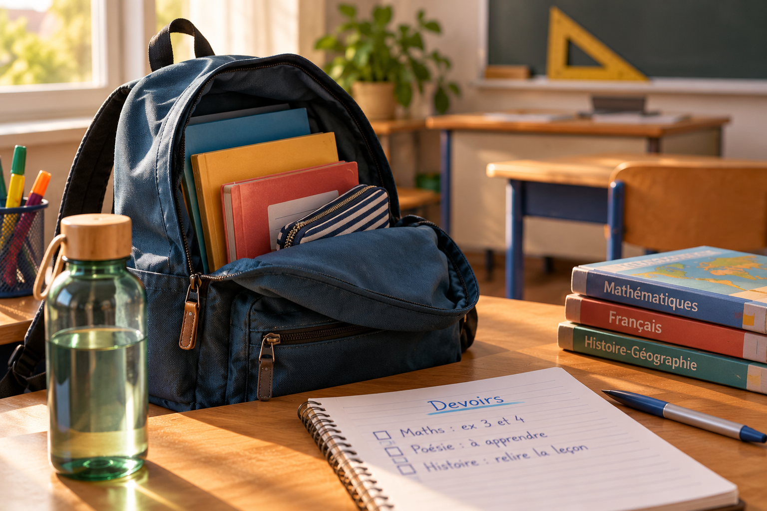 Cartable ouvert sur une table de classe, avec un agenda de devoirs et plusieurs manuels scolaires posés à côté. Une situation illustrant le rôle de la mémoire de travail dans la préparation des affaires nécessaires aux devoirs.
