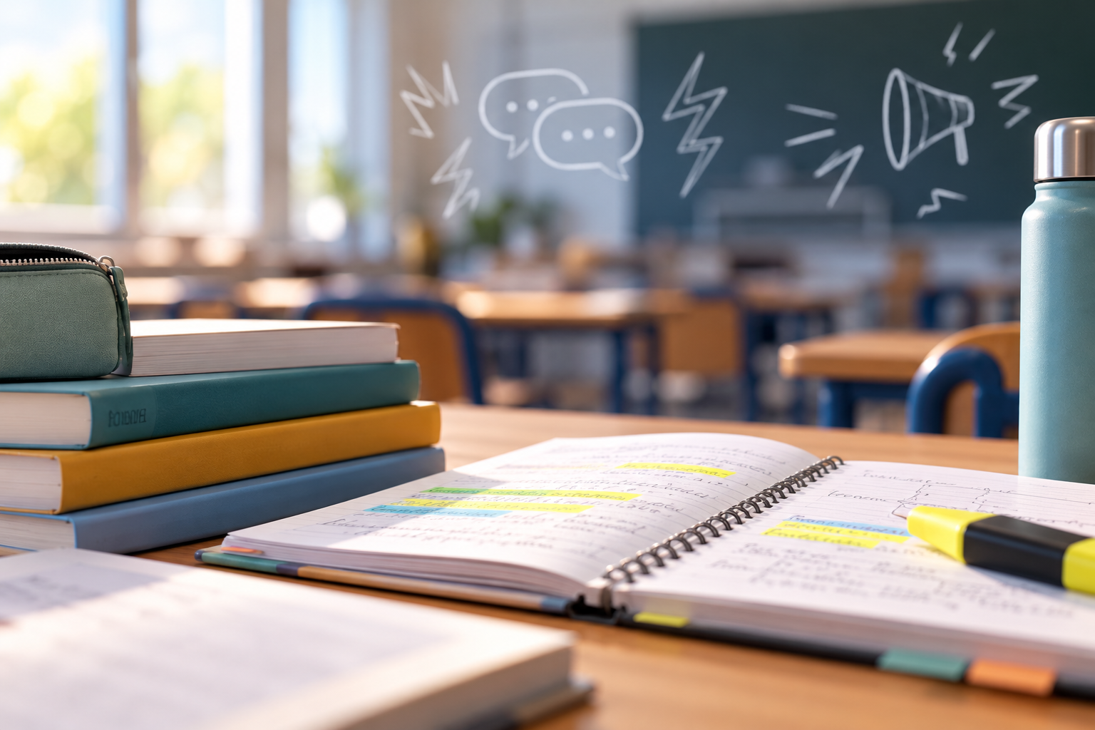 Cahier ouvert avec des notes surlignées sur un bureau de collégien, tandis que des symboles de bruit et de discussions évoquent les perturbations en classe.