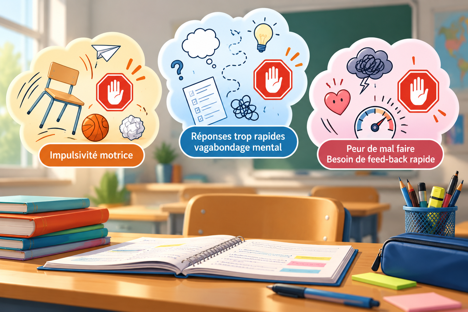Illustration de l’inhibition cognitive à l’école : impulsivité motrice, réponses précipitées, vagabondage mental et peur de mal faire.