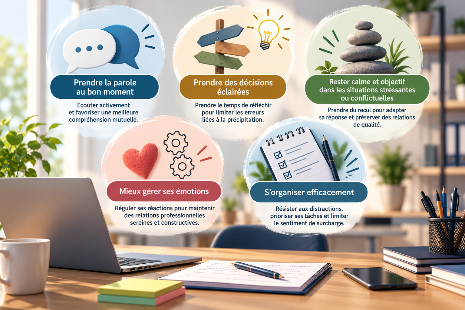 Illustration de l’inhibition cognitive au travail : prise de recul, décisions réfléchies, régulation des émotions, relations professionnelles et résistance aux distractions.